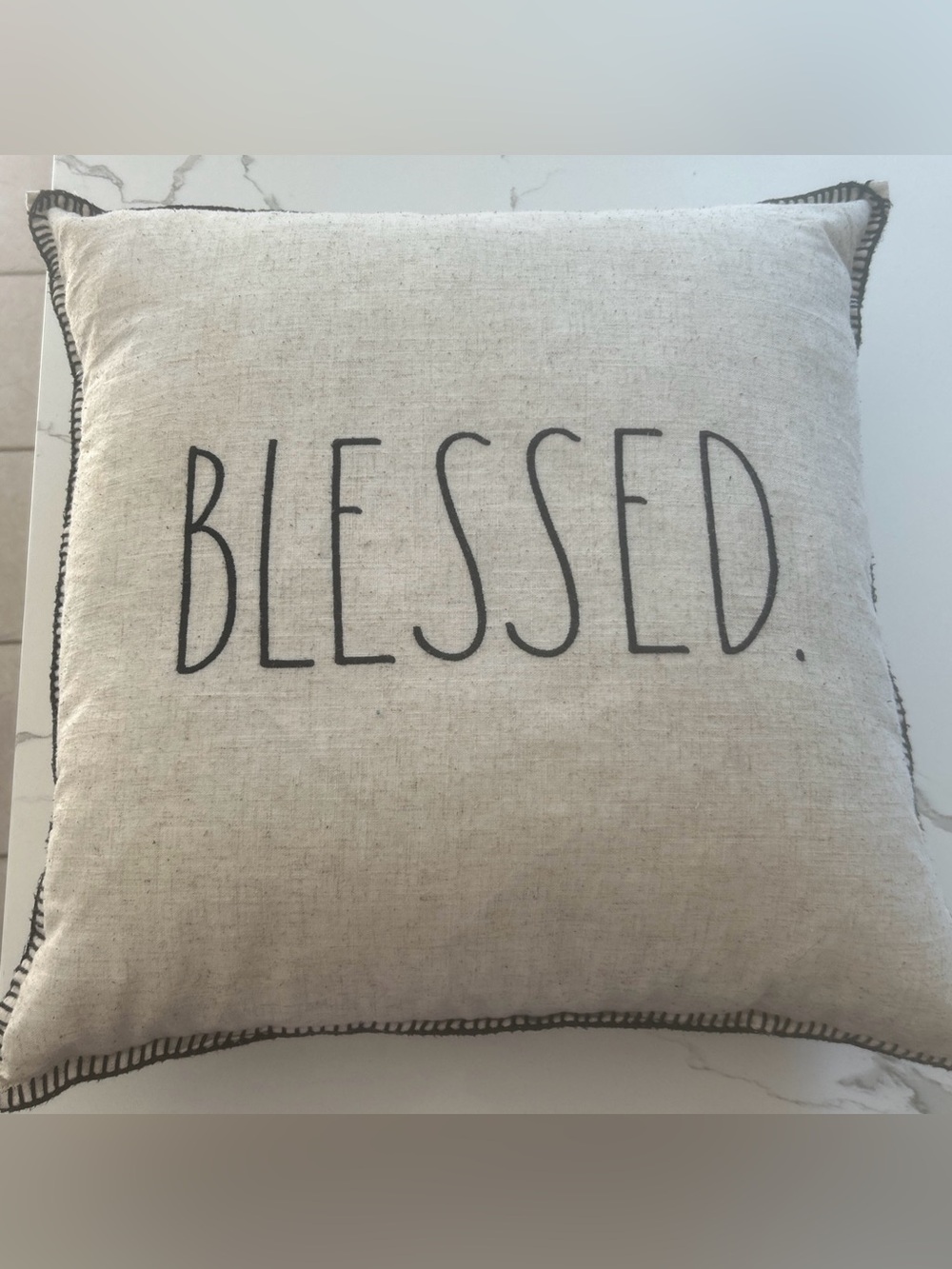 Rae Dunn Throw Pillow "BLESSED" Embroidered, White/Black Square Cotton Decor